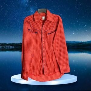 Vintage Karman Red, Orange, Nsvy Plaid Western Shirt Pearlized Snaps Men ~M